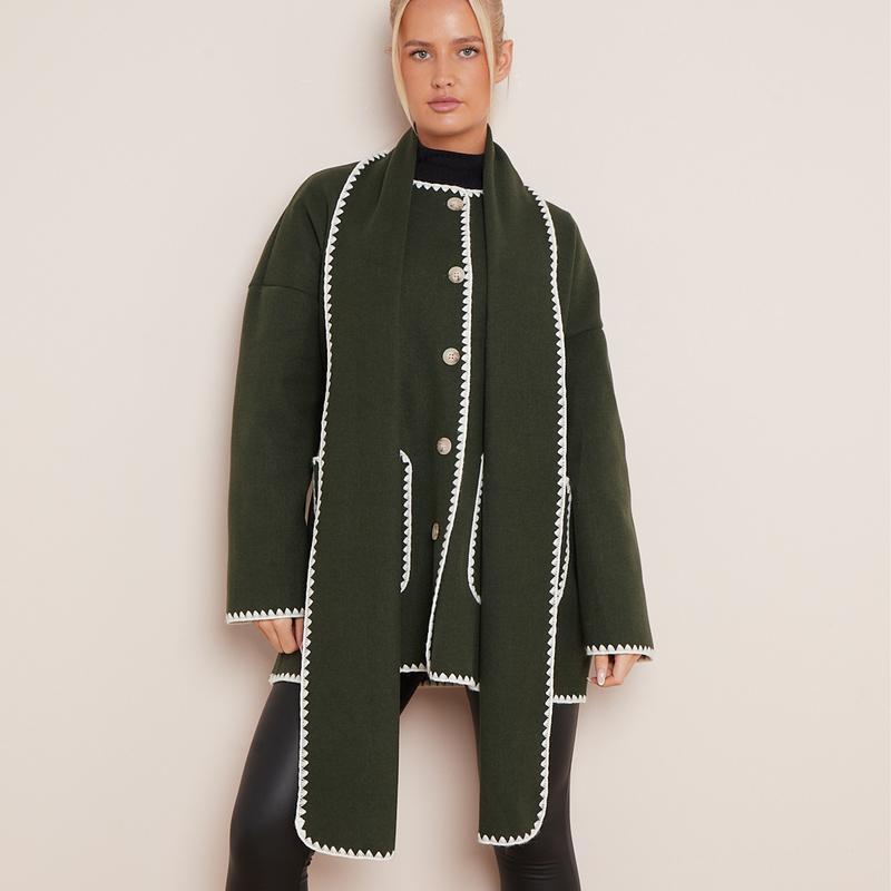Women's Casual Tori Wool Like Contrast Trim Scollop Stitching Tailored Jacket Scarf Coat One Size UK 8 - 14 2