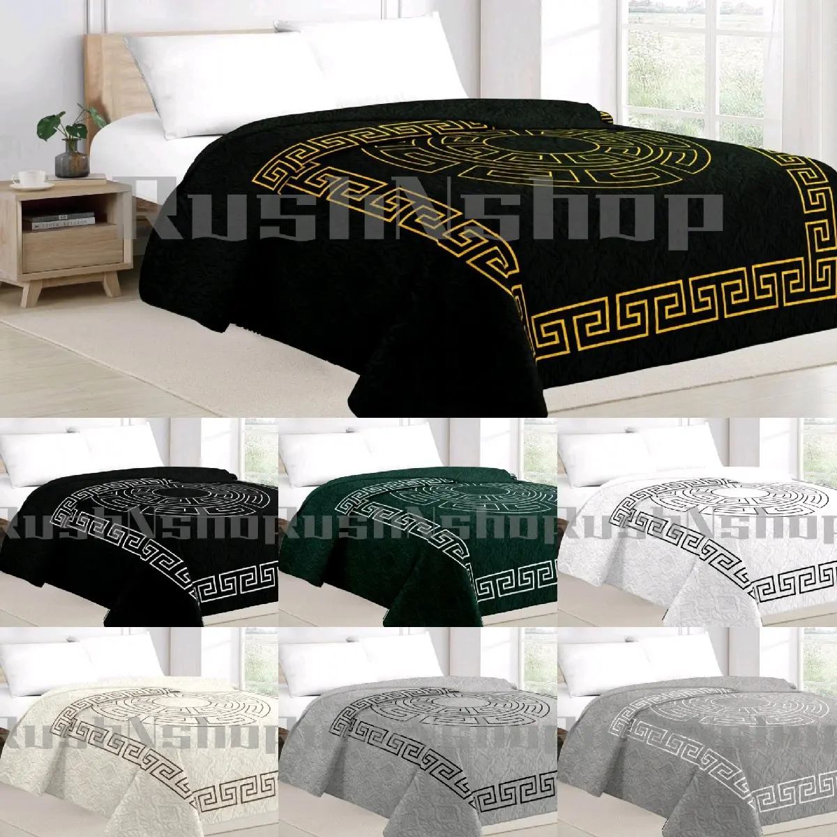 EXECUTIVE GREEK KEY QUILTED BEDSPREAD COMFORTER, DOUBLE/KING SIZE SOFT LIGHTWEIGHT LUXURY THROW