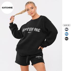 KatchMe Women's Versatile Letter Printing Crew Neck Sweatshirt & Drawstring Pocket Shorts Co-ord,Lady Two-Piece Outfit for Womenswear