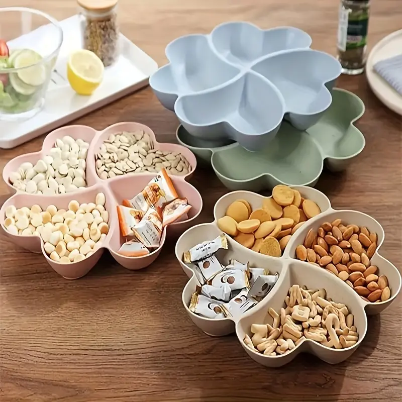 4-Compartment Plastic Snack Tray - Reusable Candy Serving Platter for Appetizers, Desserts, Nuts, Fruits |       Circular Multipurpose Sectional Dish for Dips & Chips |       1pc Snack Server 1