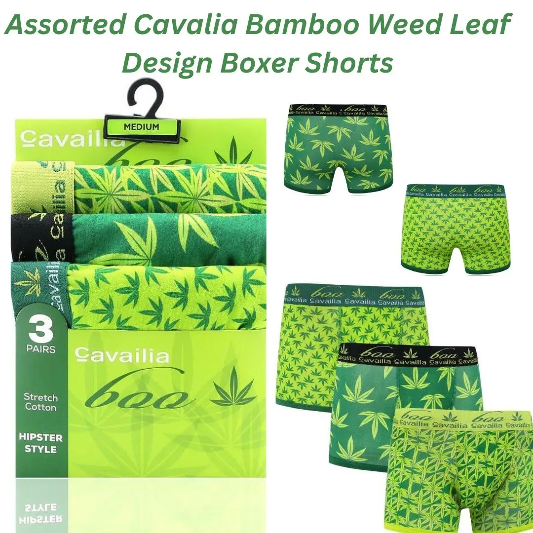 Men's Cotton-Rich Boxer Shorts 3 Pack with Assorted Cavailia Bamboo Weed Leaf Design & Waistband – Smooth Fabric & Long-Lasting Durability (Sizes S-L) Menswear  Biker Socks