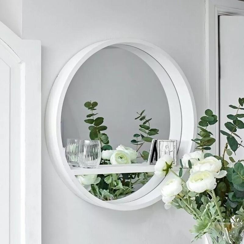 Round Wall Mirror Shelf White Porthole Bathroom Decor Home Hanging Bedroom Mount 0