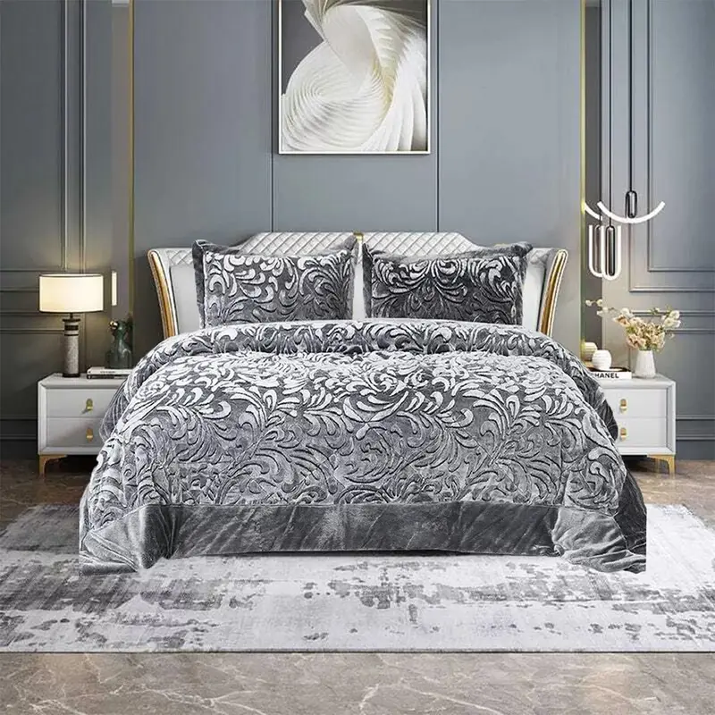 3 Piece Stylish Designs Fleece Quilted Bedspread Double King Size Bedding Set UK 4
