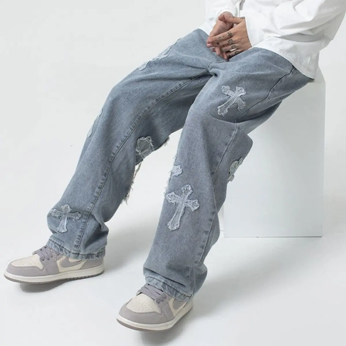 Men'S Fashion High Street Cross Patch Jeans Male Hip Hop Gangster Fried Street Straight Baggy Wide-Leg Pants