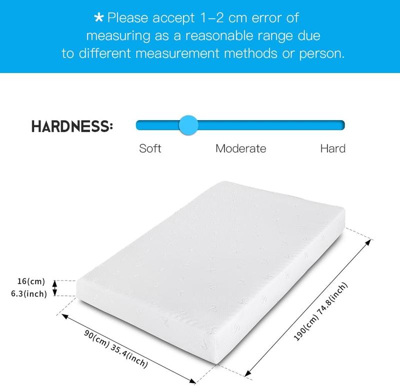 Mattress 6.29 inch/16 cm Memory Foam with Anti Mite Breathable Knitted Removable Zipper Cover Medium Soft 6