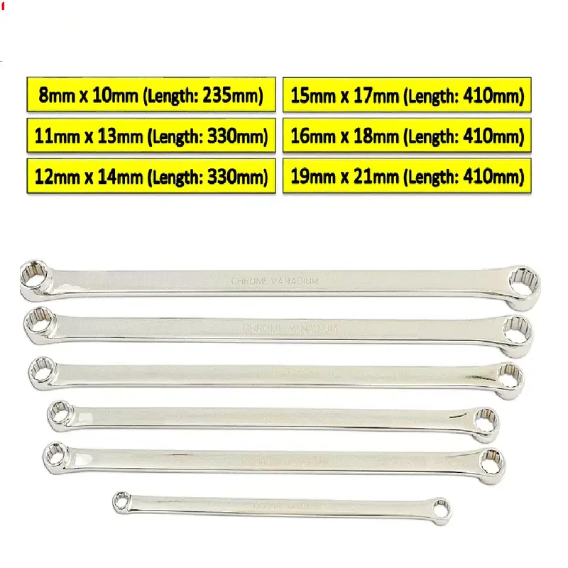 6PC PRO EXTRA LONG FLAT DOUBLE RING SPANNER SET 8mm-21mm LONG REACH WRENCH 23-72 3