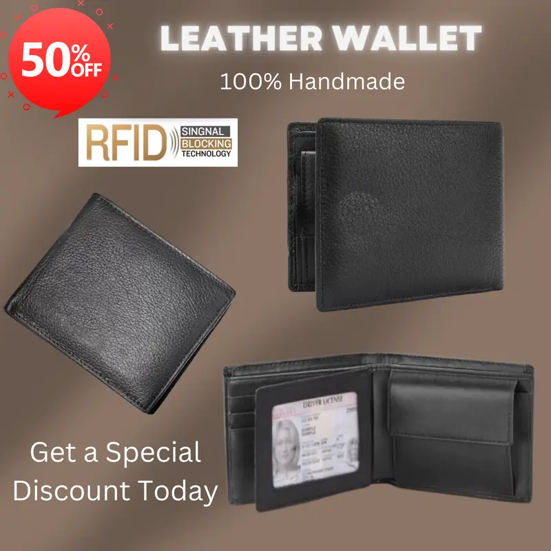 Designer Mens Leather Wallet - 1 ID Window - 1 Coin Zip Pocket - 2 Note Compartment - 5 Credit Card RFID SAFE Contactless Card Blocking ID Protection 0