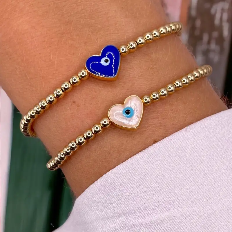 Evil eye heart charm, protection bracelet with gold filled beads. 0