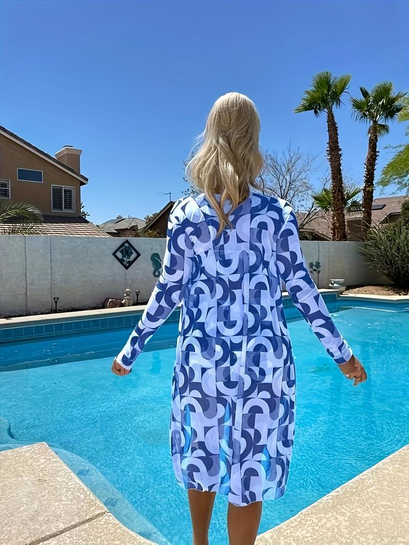 Product Introduction of Chic 3-Piece Swimsuit Set for Women - Vibrant Contrast Print, High-Waisted Ruched Bottoms & Long Sleeve Cover-Up for Beach Days 0