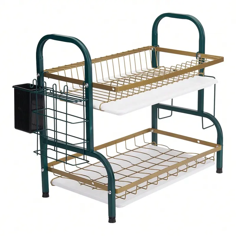 MILAN GOLD  2 Tier Dish Drainer Rack,Stainless Steel Dish Drying Rack,Kitchen Organizer Storage Shelf With Drainboard,Cutlery Holder,Cutting Board Holder,Knife Cup Utensil Holder 6