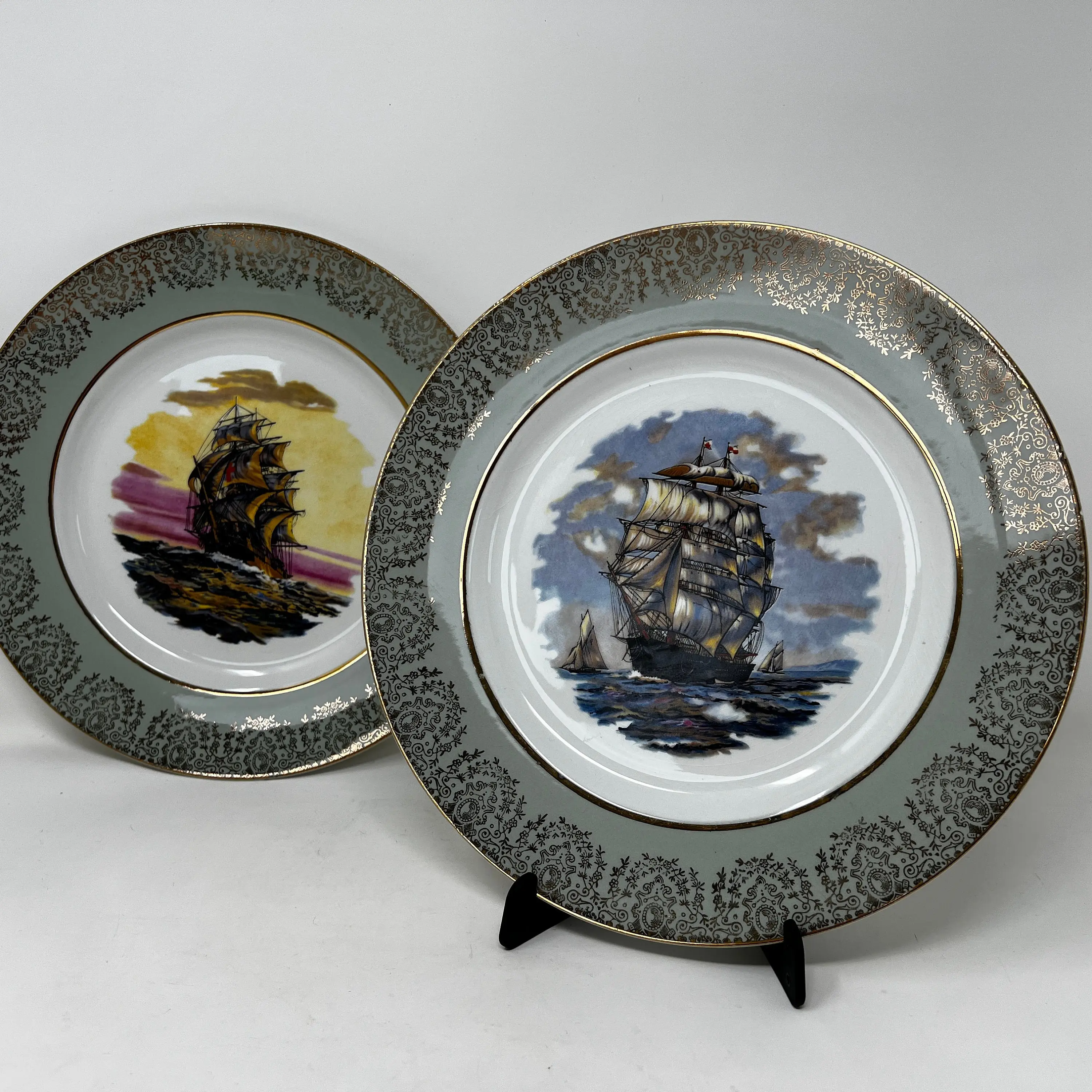 Grindley Satin White Ship Themed Vintage Plate, Staffordshire Ironstone Gold Trimmed Wall Art Display Collectors Plate