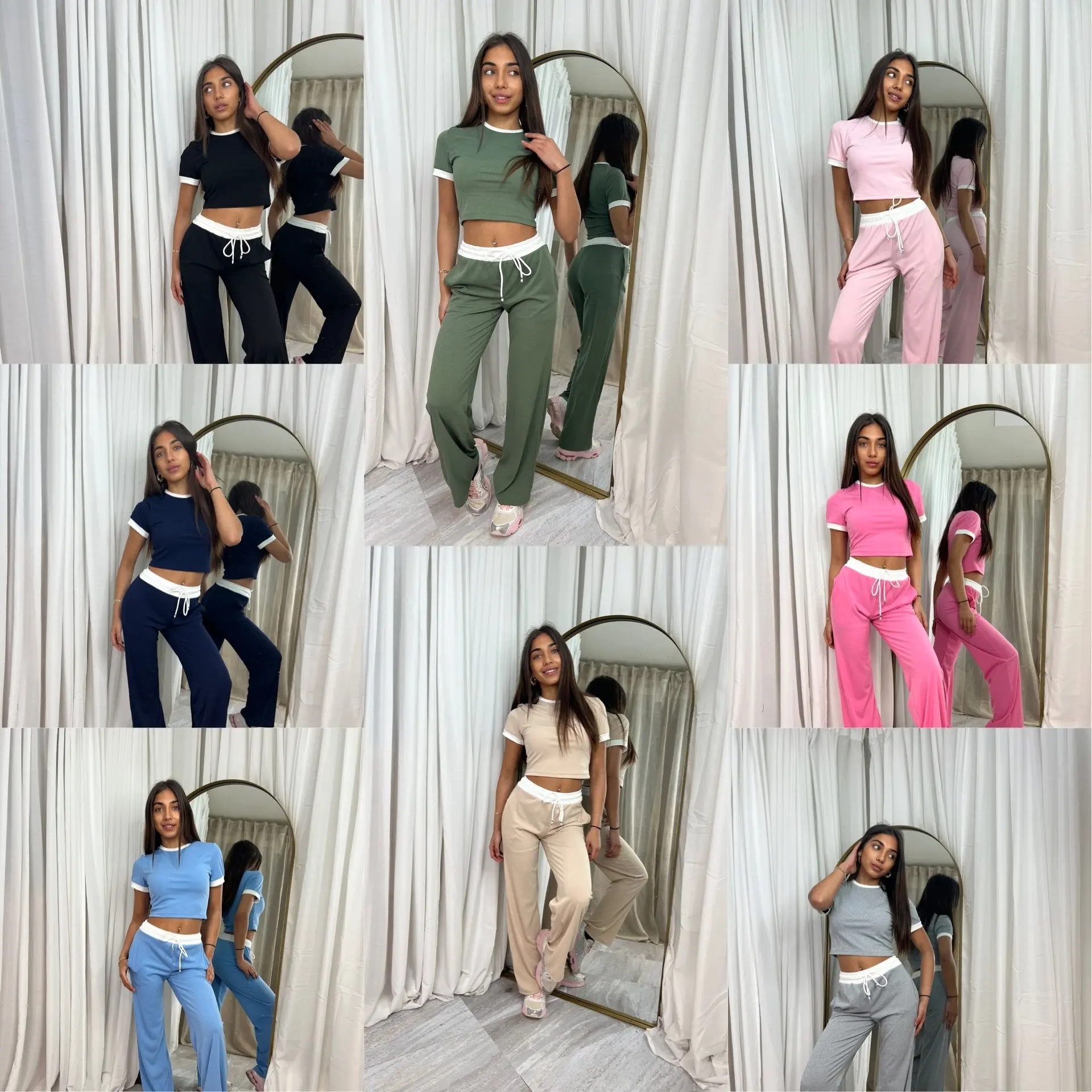 Short sleeved contrast lounge wear lightweight ribbed set