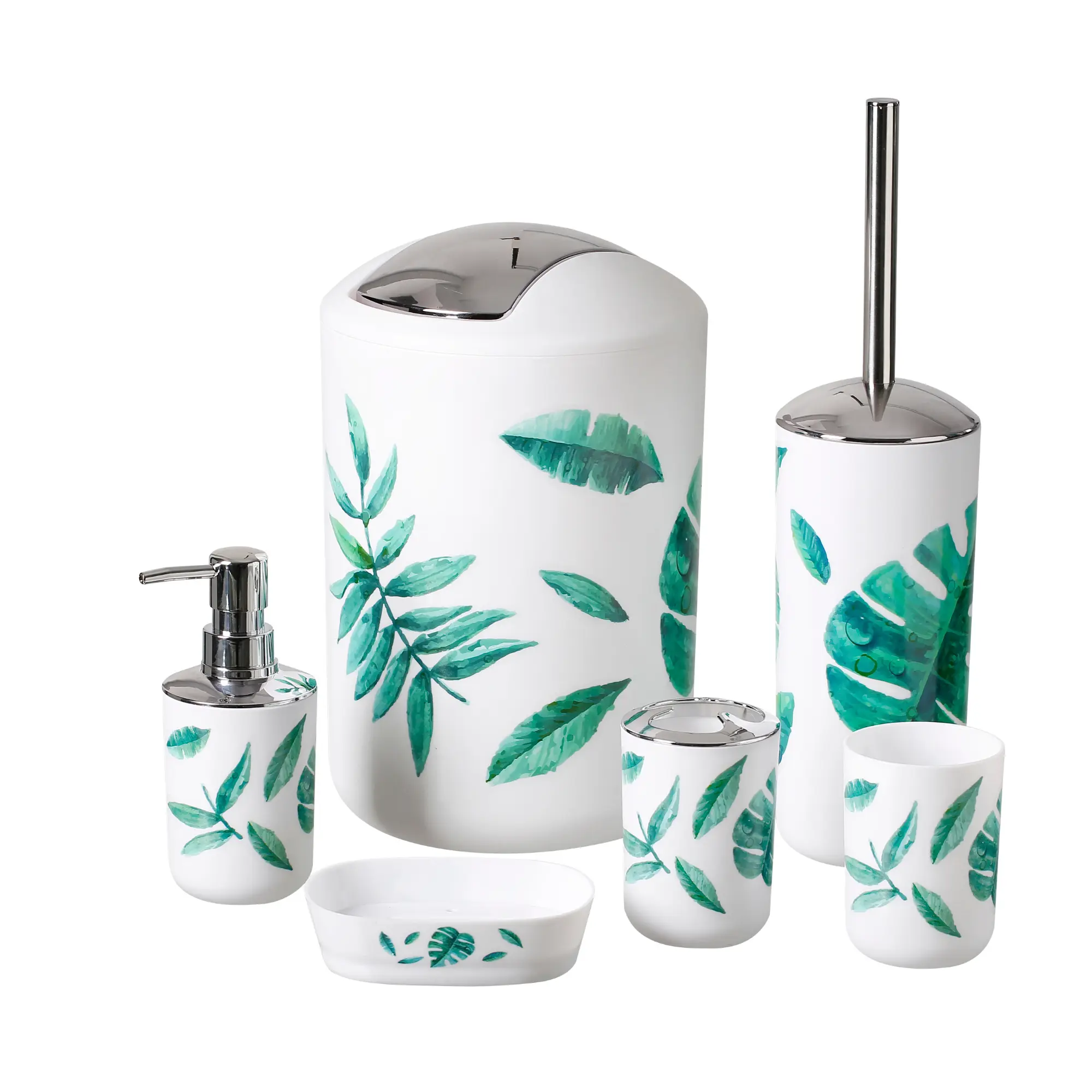 Bathroom Accessory Set 6 Pieces Luxury Modern Vanity Bath Accessories Bath Set Toilet Brush with Holder, Soap Dish, Lotion Dispenser, Toothbrush Holder, Tumbler, Trash Bin (Leaves) Plastic Gift Wedding