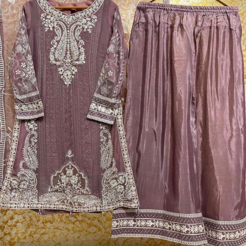 Naira Chiffon Partywear with palazzo trouser sharara Outfit and chiffon dupatta Embroidered Traditional Dress Womenswear 4