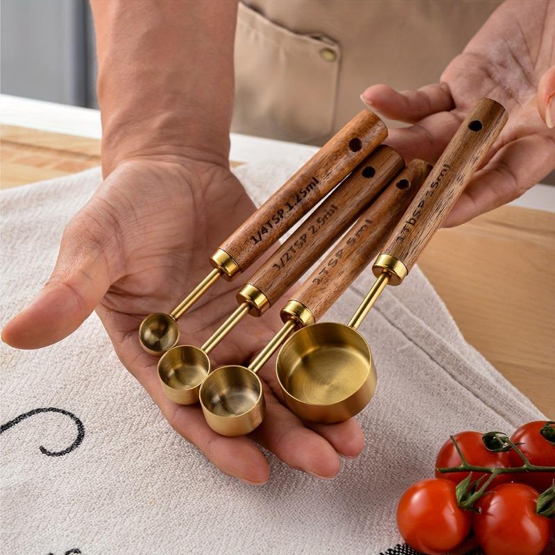 4pcs/set Measuring Spoon Set, Wooden Handle Measuring Spoon Set, Stainless Steel Measuring Cups And Spoons, Coffee Scale Spoon, Kitchen Accessories, Baking Tools, Kichen Stuff 0