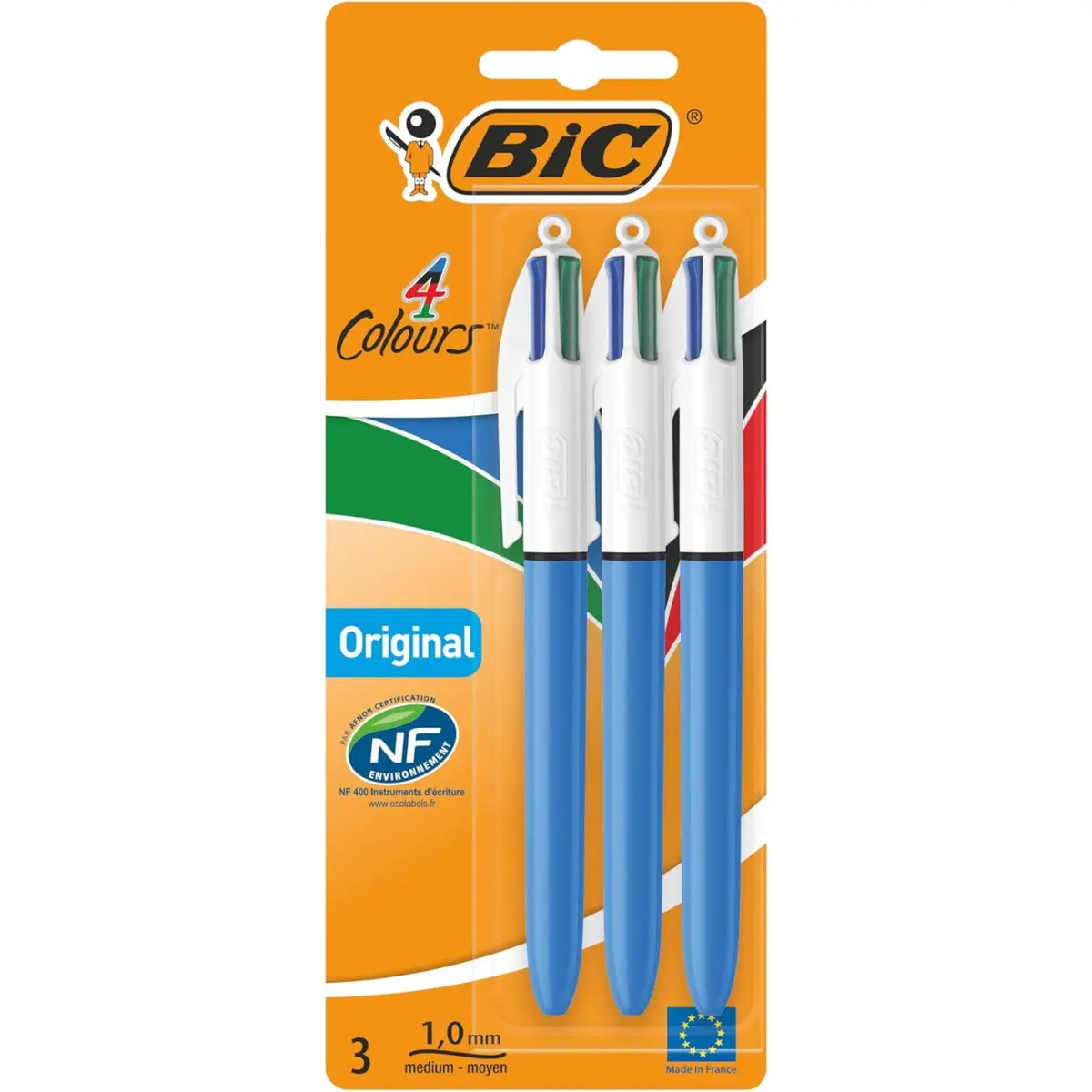 BIC 4 Colours Original Pens, Multi Coloured All In One Biro Pens, Medium 1.0mm, Green/Blue/Red/Black, 3 Pens Per Pack