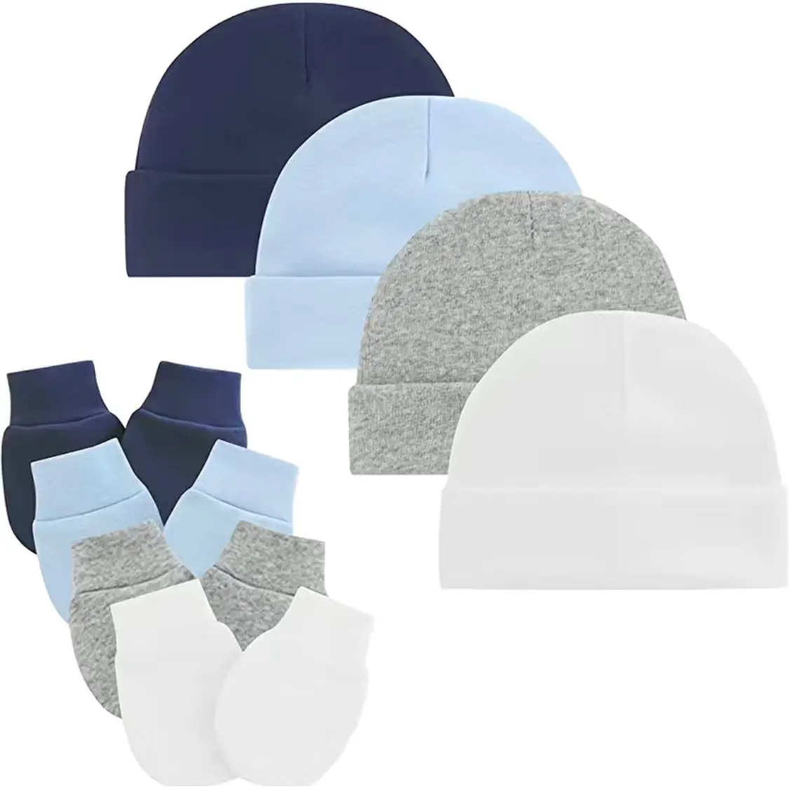 NEWBORN 4-PIECE blue, grey & white HAT & MITTENS SET