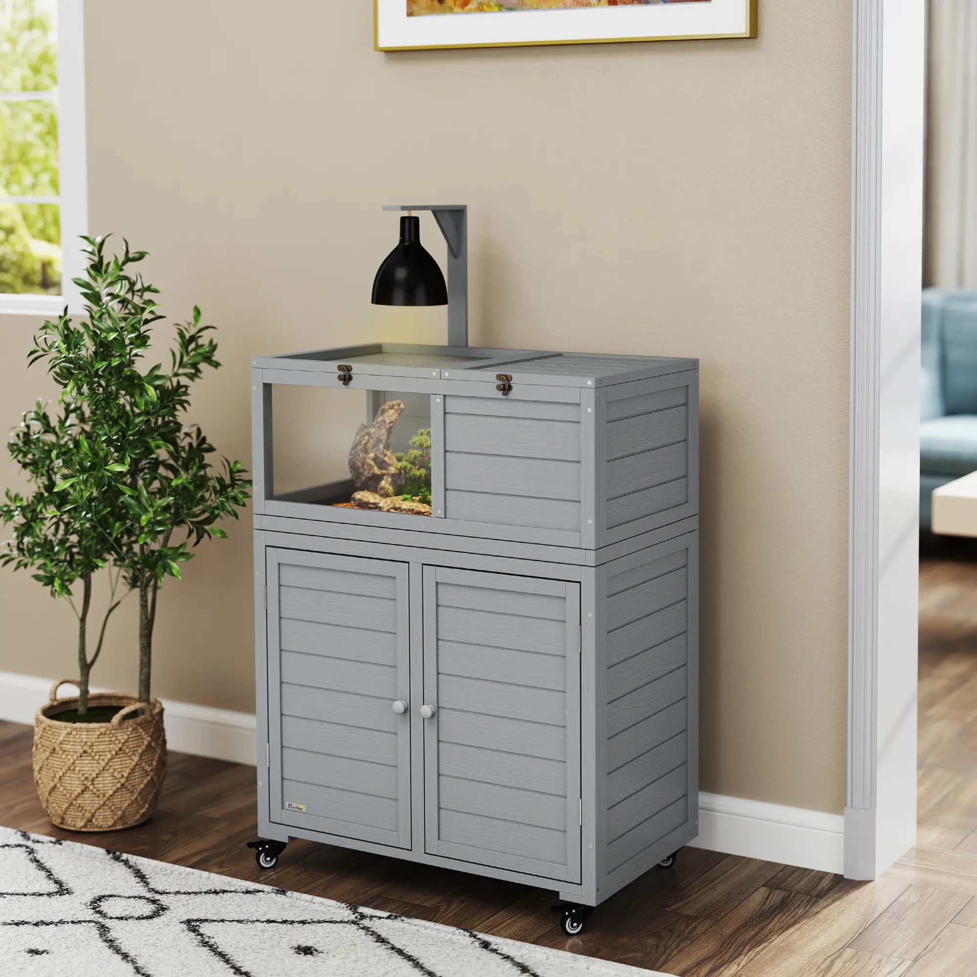 PawHut Tortoise House with Storage Cabinet, Wooden Tortoise Enclosure with Lamp Holder, Openable Top, Transparent Observation Windows, Tortoise Habitat for Indoor, Light Grey