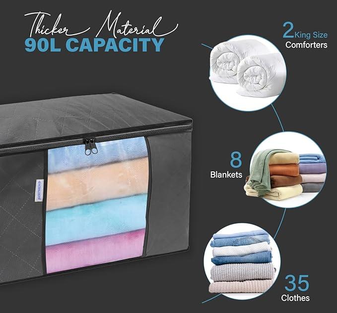 ACRALI HOME 90L Large Storage Bags with Zips- 3 Pack Foldable Clothes Storage Bag Organizer, Reinforced Handle and Transparent Window, Breathable Thick Fabric for Comforters, Blanket and Bedding- Grey Smooth Boxes Steel 1