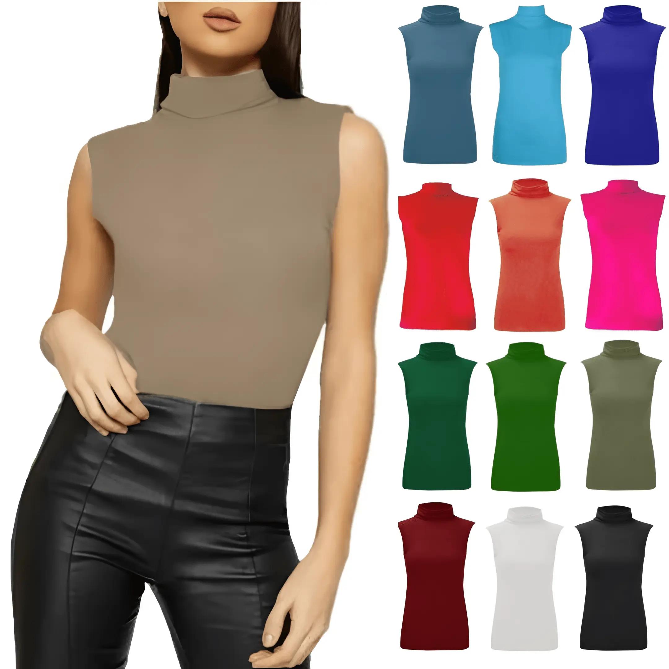 Ladies Sleeveless Polo Neck Top Womans Plain Stretch Turtle Neck Jersey Casual Top Jumper 8-26