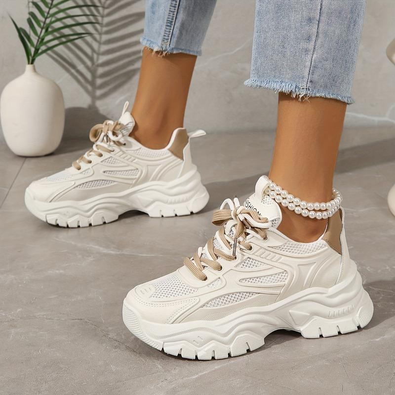 Product Introduction of Women's Lightweight Chunky Sneakers - Casual Height-Boosting, Waterproof, All-Season Low-Top Lace-Up Shoes in Beige & White with Breathable Mesh Upper and Rubber Sole 1