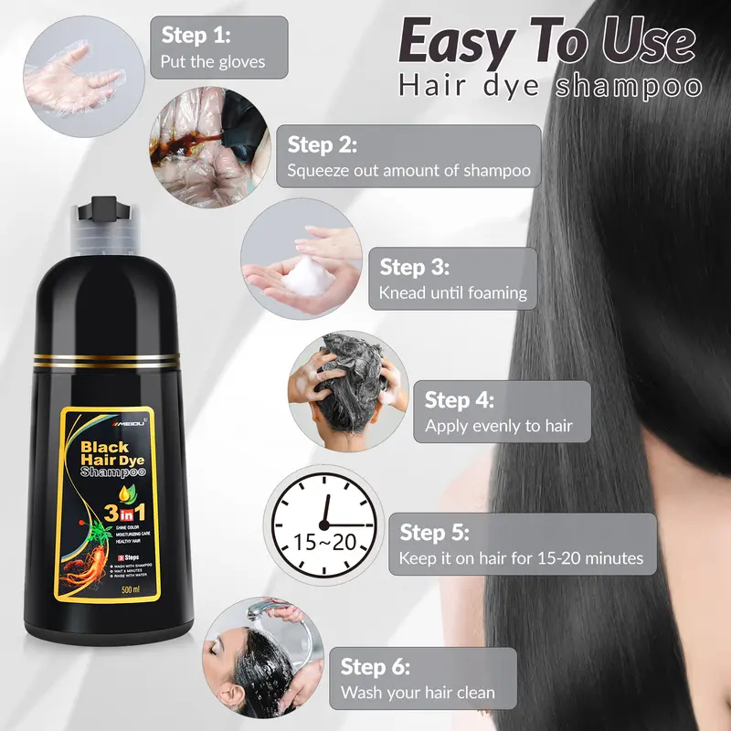 MEIDU 3 in 1 Black Hair Dye Shampoo - Can cover gray hairs,Herbal Ingredients Natural Hair Colour Shampoo,Contains Ginseng Extract,Natural Haircoloring,Phytocare,salon Haircare 4