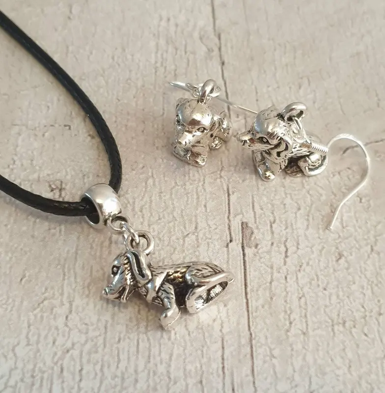 Handmade Antique Silver Dog Charm Jewellery Set, Dangly Earring And Necklace Set In Gift Bag, Cord And Chain Options 1