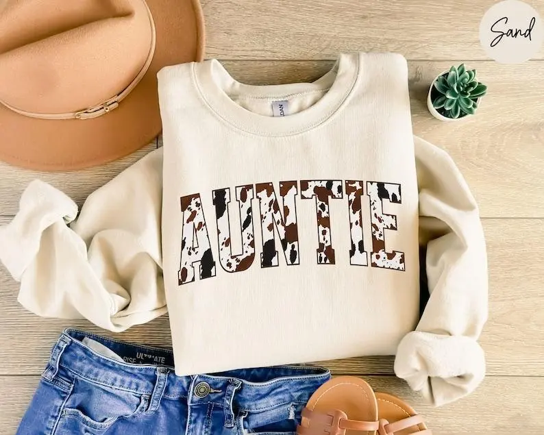 Auntie Sweatshirt, Buffalo Plaid Auntie Sweatshirt, Cow Pattern Auntie Sweater, Western Aunt Sweatshirt, Auntie to be Sweatshirt, Aunt Gift Sweatshirt Casual Cotton Menswear Fabric Fashion Medium Smooth Sweaters Tops Tee 0