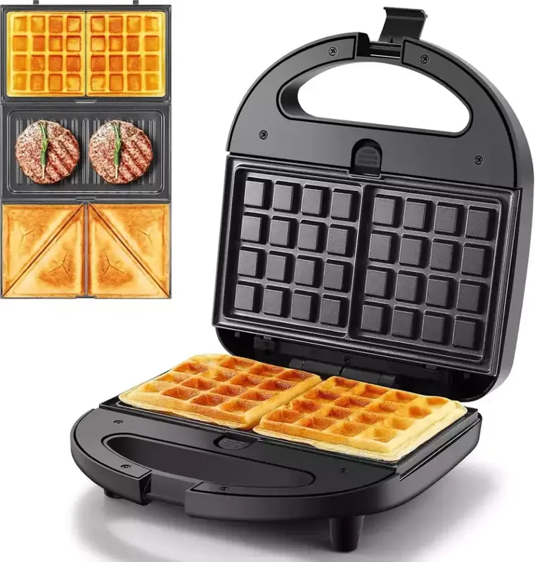 3-in-1, SANDWICH TOASTER WAFFLE MAKER IRON TOAST PANINI PRESS NON-STICK Interchangeable Non-Stick Cooking Plates, Waffle, Panini Press, Snack Maker, Toastie Sandwich Toaster, LED Indicator Lights, 750 W, Black 0