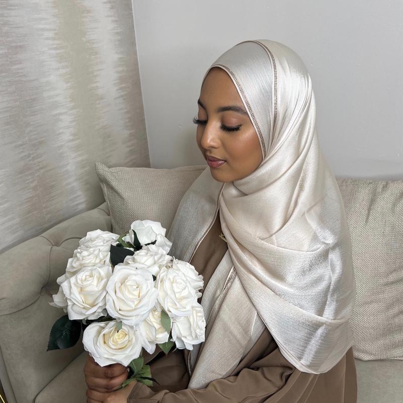 Cream Double Beaded Silk Satin Hijab 2