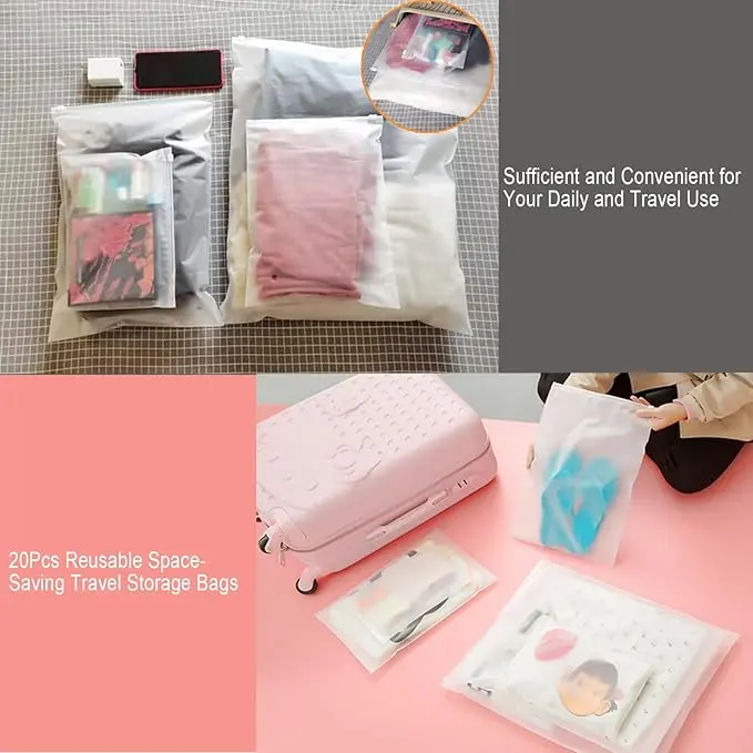ORACHA 20pcs Zip Lock Bags- Reusable Space Saving Hospital Bag Maternity Essentials- Frosted Waterproof Travel Bags Organiser- Plastic Resealable Clothes Bags with Vents for Shoes, Toiletries- 5 Sizes 2