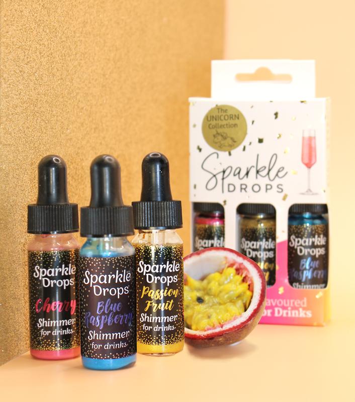 Sparkle Drops Unicorn Collection (Blue Raspberry, Passion Fruit & Cherry) Shimmer Syrup for Drinks-Prosecco, Gin, Vodka, Cocktails & Mocktails - 18-24 Servings. (Dairy Free, Fruity, Low Fat, Natural Flavours) Beverage Sweet edible glitter Set 5