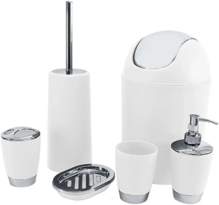 6PCS Bathroom Accessory Set - Waste Bin, Soap Dish, Soap Dispenser, Toilet Brush & Holder, Tooth Brush Holder, Rinse Cup - 4L Capacity 6