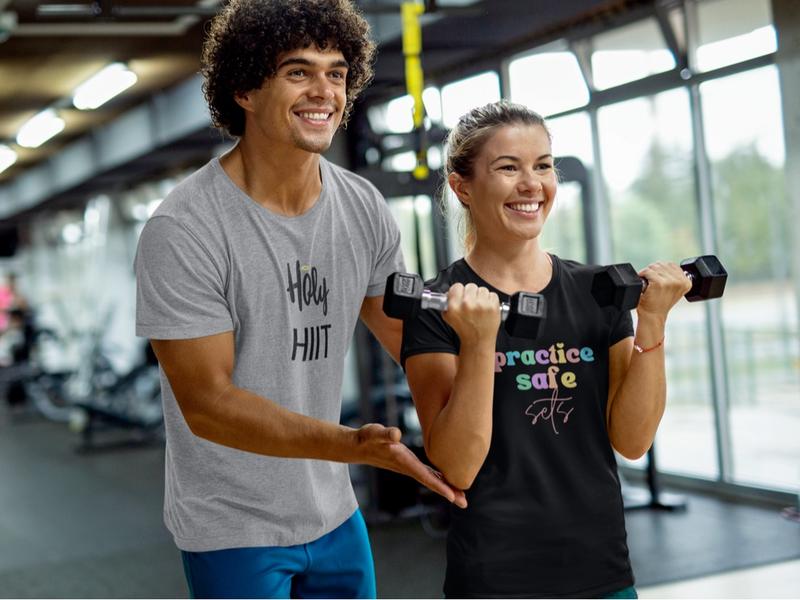 Practice Safe Sets Funny Gym Shirt, Custom Unisex T Shirt, Fun Unique Gift, Running Shirt, Gym TShirt, Graphic Tees, Menswear Womenswear Design Cotton Fabric Casual Top Relaxed Fit Breathable Hem 5