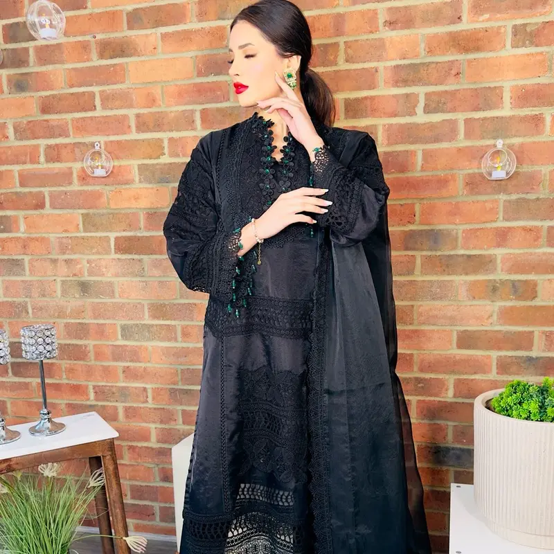 BLACK FRIDAY SPECIAL - BLACK ORGANZA HEAVY CROCHET AND LACE DETAILED 4PC WITH GREEN CRYSTAL DETAILING, FORMAL WOMENSWEAR LONG HEAVY DUPATTA, CAPRI TROUSERS WITH LONG ORGANZA KAMEEZ and a FULL SLEEVES LINING Traditional Outfit Comfortable Womenswear Dress 7
