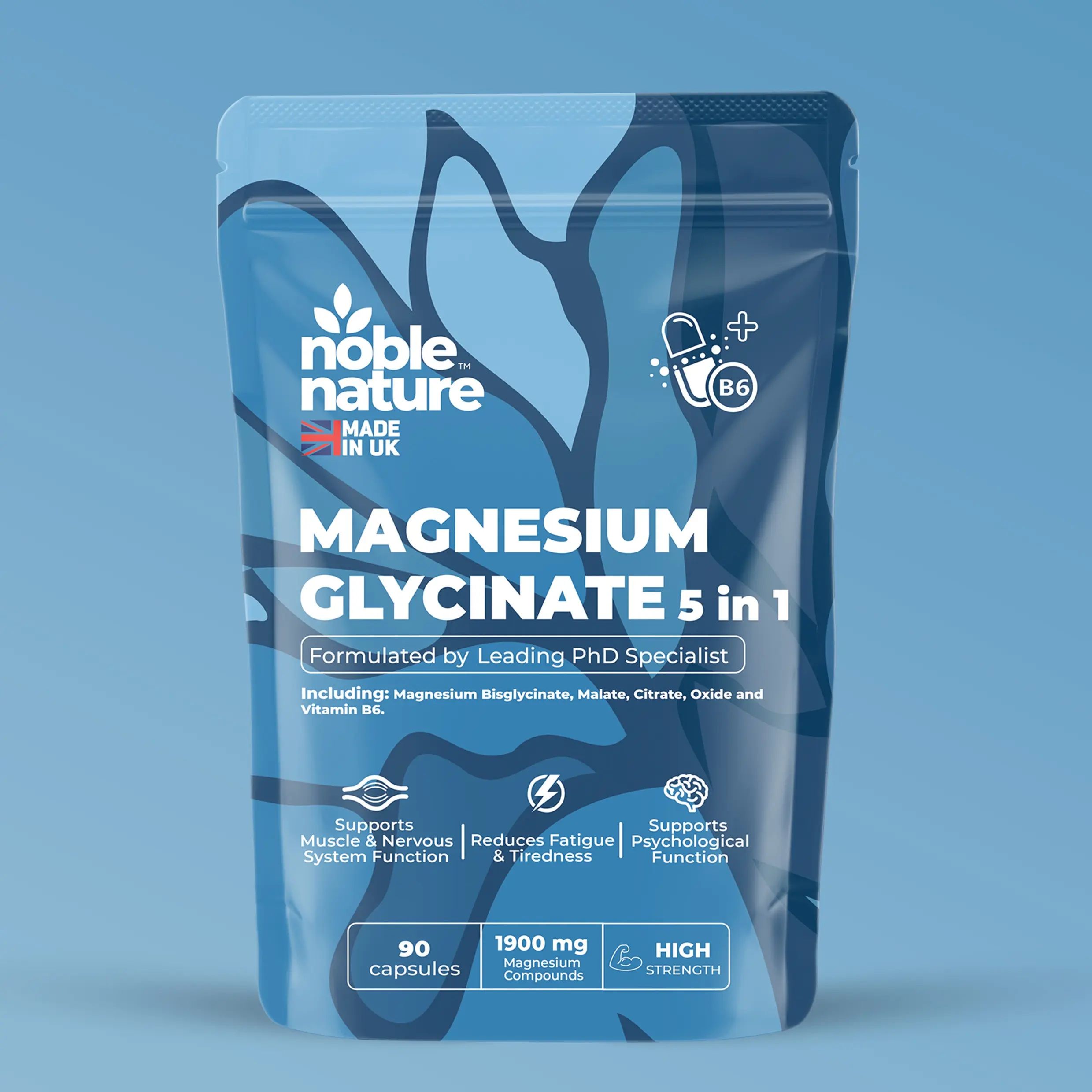 NobleNature 5 in 1 Magnesium Glycinate Formulated by PhD Expert 5 in 1 High Strength Capsules - 1900mg per serving - Supports Muscle Function, Tiredness, Sleep, Energy, Bones & Nervous System - Vitamin B6 - Healthcare supplement - Optimum Dietary