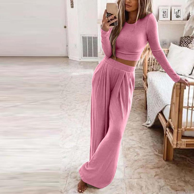 Solid Knitted Crop Top & Wide Leg Trousers Set 3