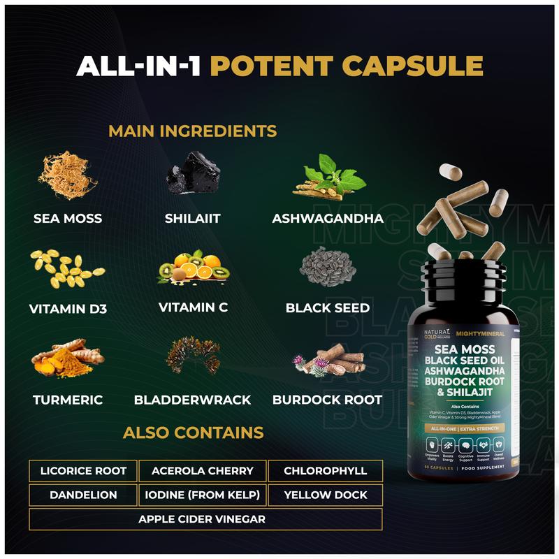 MightyMineral - Shilajit 4000MG, Sea Moss 8000MG, Ashwagandha 2000MG, Black Seed 3000MG, Burdock Root 2000MG | 5 IN 1 | ALL-IN-ONE | Optimum Healthcare Edible Dietary Natural Wellness & Fitness Supplement Highly Potent Capsules- Vegan 4