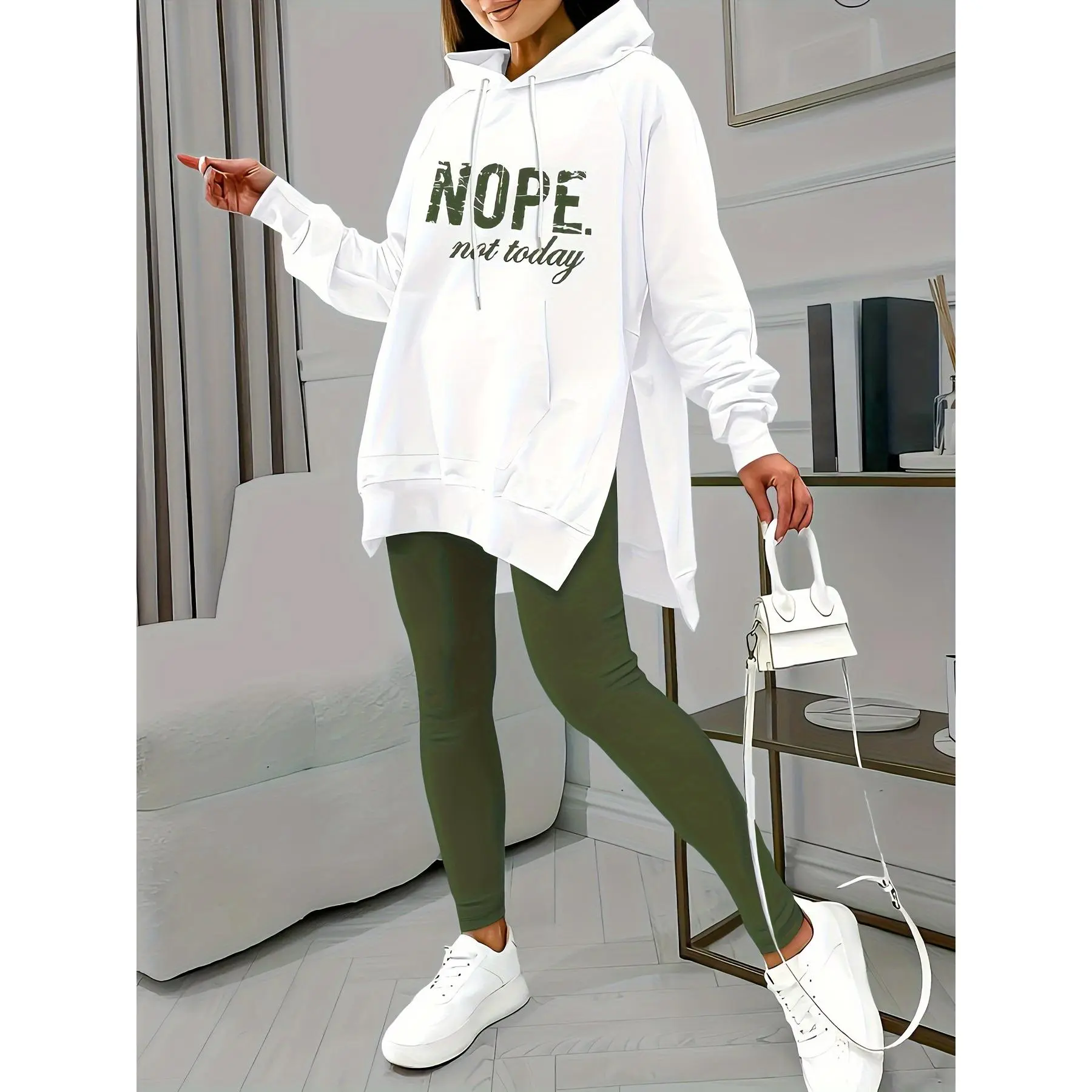 Two-Piece Set - Stylish Letter Print Hoodie with Kangaroo Pocket and Solid Skinny Leggings for a Chic Look - Womens Fashion Clothing Outfit for Casual Wear