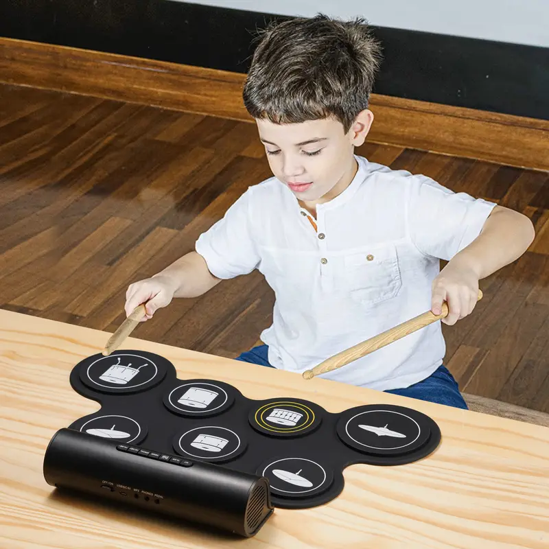 POGOLAB Roll up Drum Mat, 7 Pads Electric Drum Kit, Portable Digital Drum Practice Pad with Dual Stereo Speakers/Drumsticks/Earphone Slot, 10 Hour runtime, Christmas Birthday Gift for Kid Beginner 6