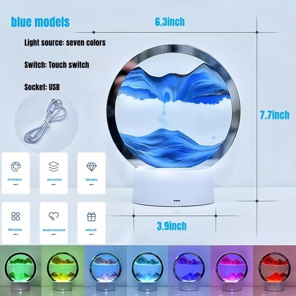 Moving Sand Art Picture Desk lamp, 3D Hourglass Deep Sea Sandscape,Quicksand Decor Lamp,360° Rotating Hourglass Decoration,RGB Color Changing Kinetic Sand Kit Creative Night Light(Blue with Remote) 5