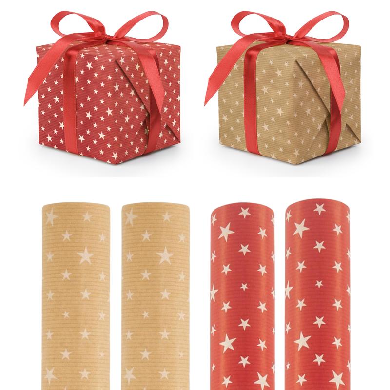Christmas Wrapping Paper Gift Wrap Natural Kraft Paper Ribbed Eco Wrap Red Brown Bulk Pack 12M Festive 4 Pack 1