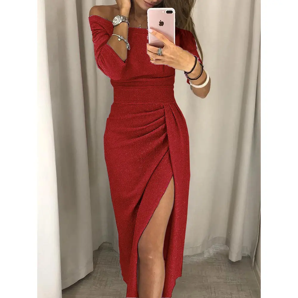 Women's S-XL Size European and American Spring Summer New Sexy Split Off Shoulder Dress INS Casual Loose Party Dress