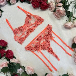 LILIOSA LINGERIE High Quality Spring Summer Lace Lingerie Floral Embroidery Coral Orange Morocco 3 Piece Set ( Adjustable Bra & Garter & Pant ) Comfortable Feminine Womenswear, Supportive Breathable Bra, Adjustable Spaghetti Straps, Satin Ribbon Matching