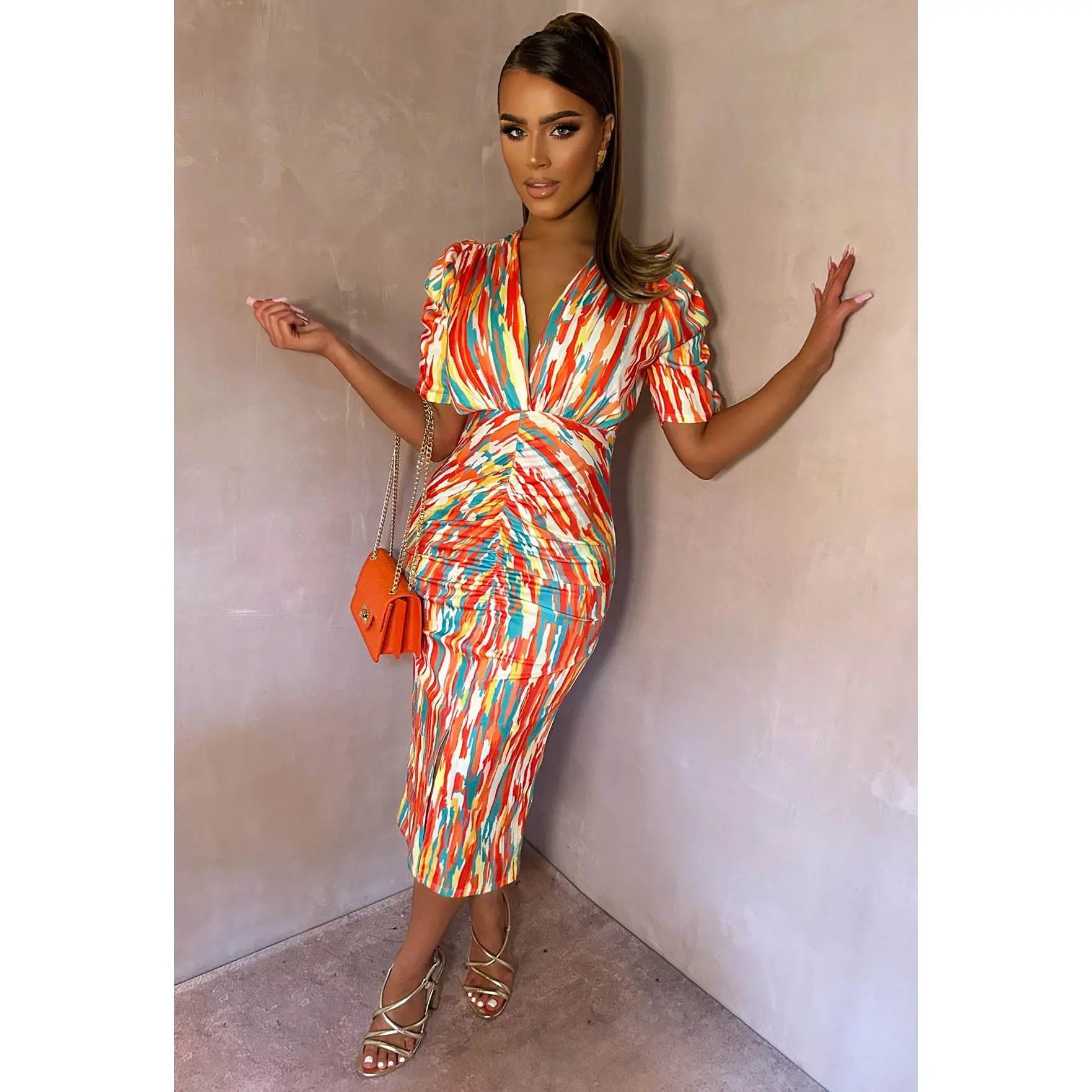 Love You Always Orange Printed Ruched Dress