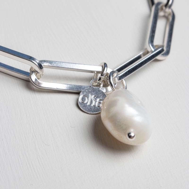 Belinda Waterproof Chunky Baroque Pearl Paperlink Bracelet - Silver Plated Stainless Steel 4