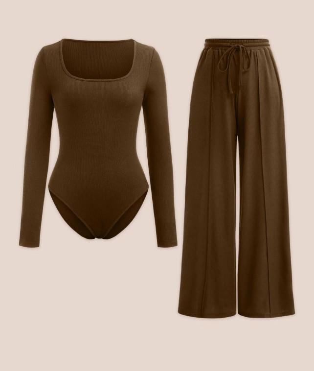 Product Introduction of WOMENS LADIES 2 PIECE MATCHING SET CREW NECK BODYSUITS WIDE LEG TROUSERS PANTS PALAZZO SET LOUNGEWEAR LONGSLEEVES STRETCHY SOFT COMFY LADY ELASTICATED WAIST DRAWSTRING HIGH QUALITY COORD LOUNGESET COMFORT WOMENSWEAR OVERALL Basic Adjustable Comfortable 7