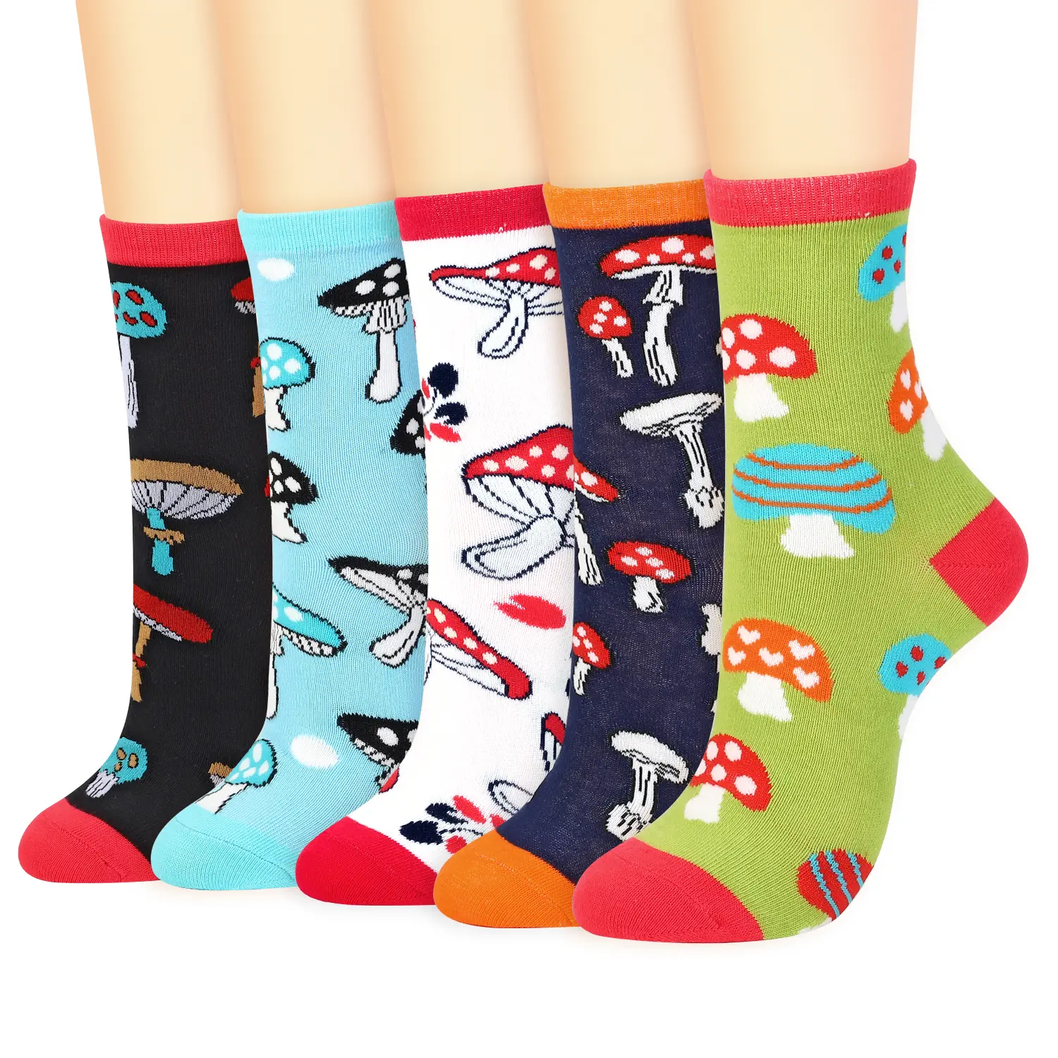 Vinsani 5 Pairs Cute Mushroom Print Socks Fun Colorful Cotton Socks | One Size Fits All Soft Breathable Comfortable Everyday Socks for School Casual Wear Size 4-7 Over-ankle
