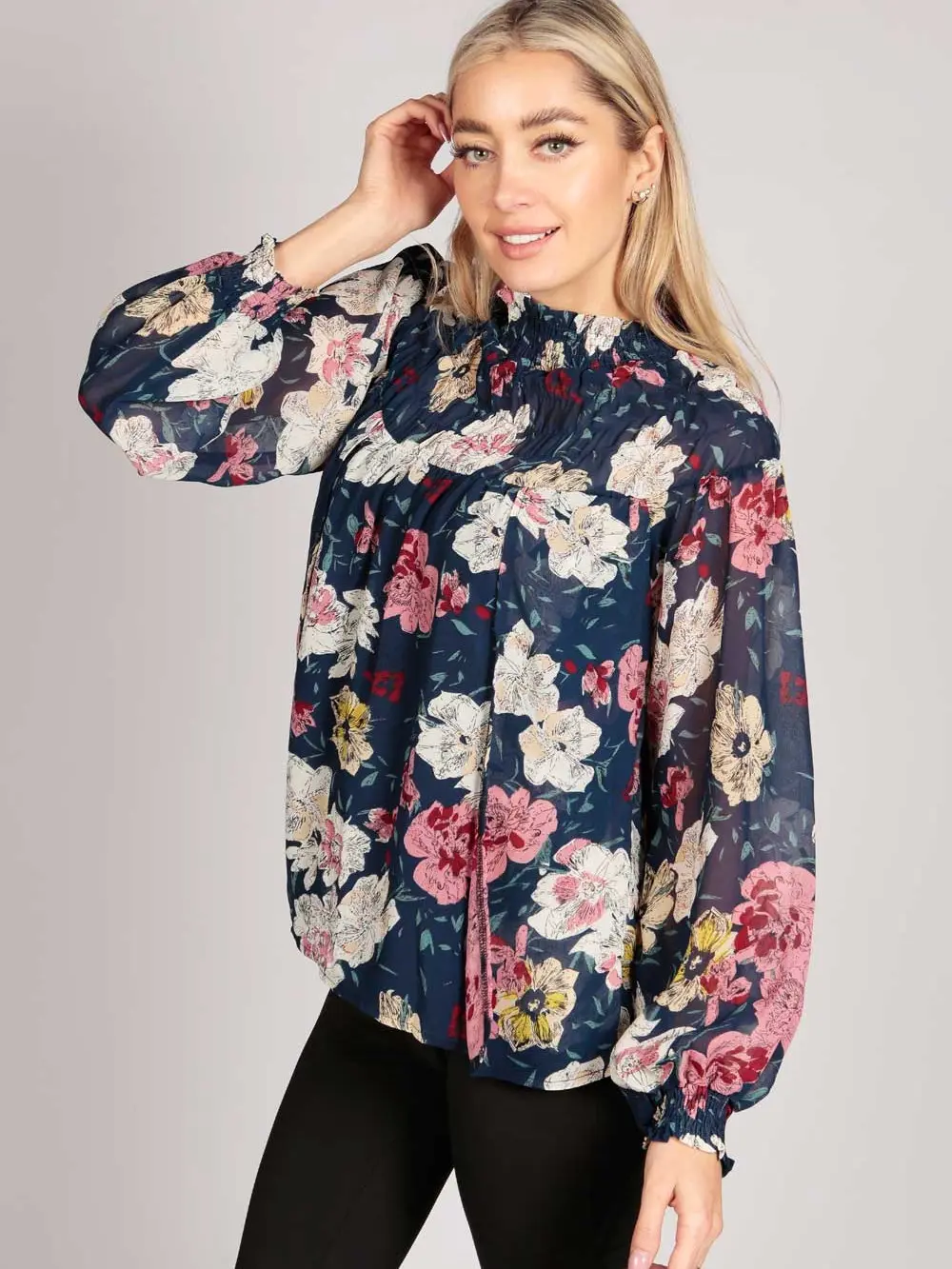 Full Sleeve Floral High Neck Top in Blue