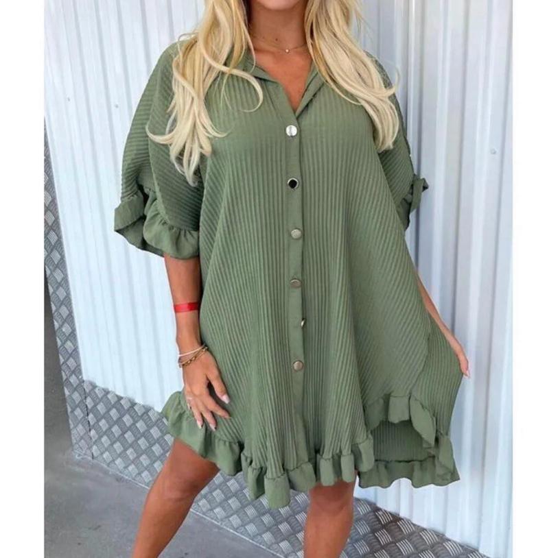 Product Introduction of Women’s Ladies Gold Button Pleated Frill Summer Shirt Swing Mini Dress Viral TikTok Top Casual Fabric 9